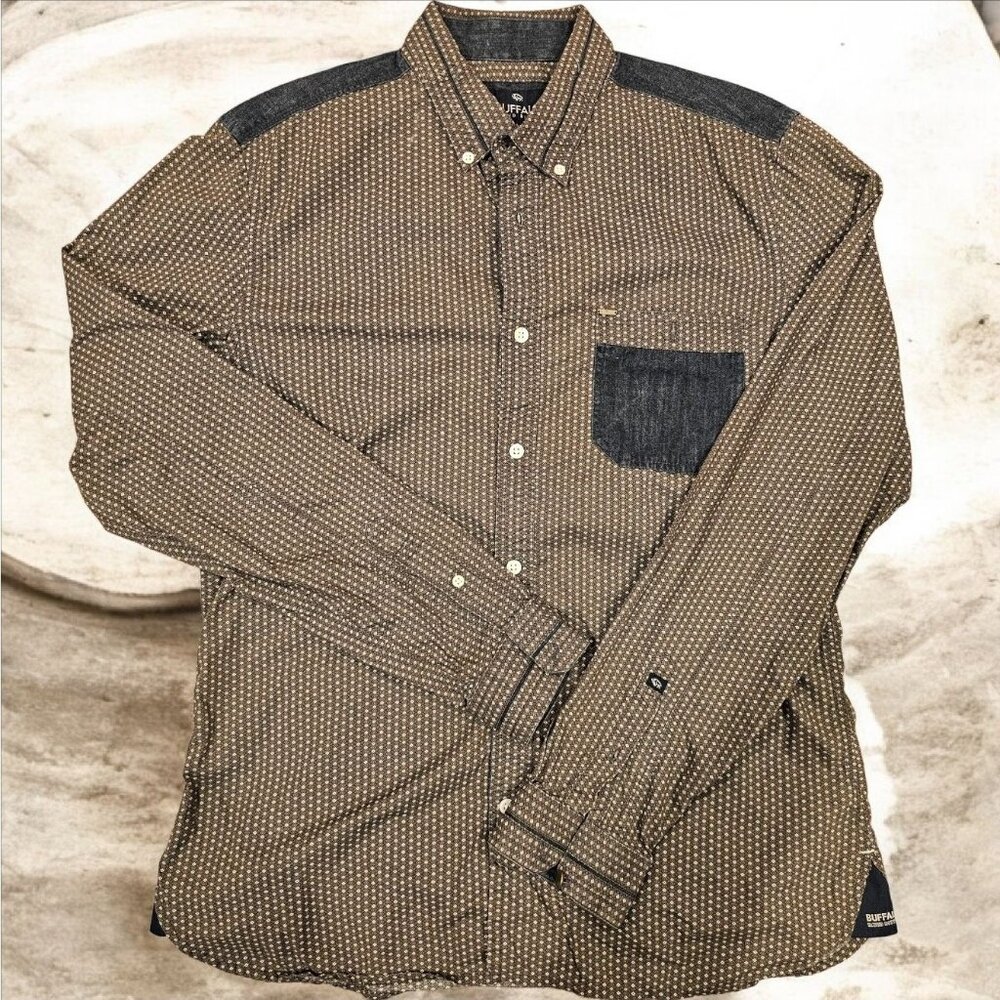 Buffalo David Bitton Slim Fit Mens Shirt M/M Brown Patterned Long Sleeve Cotton - Picture 1 of 9